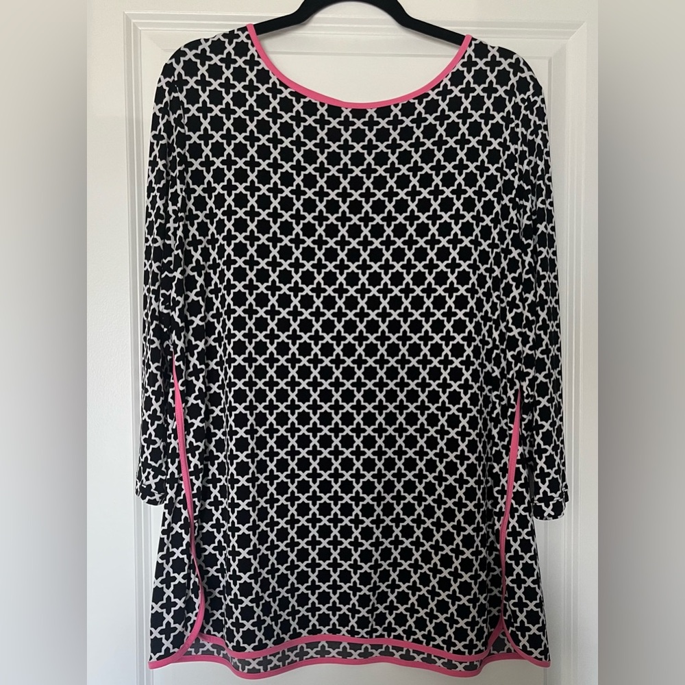 Ruby Rd. Black and White Dress with Pink Trim
Measurements in description